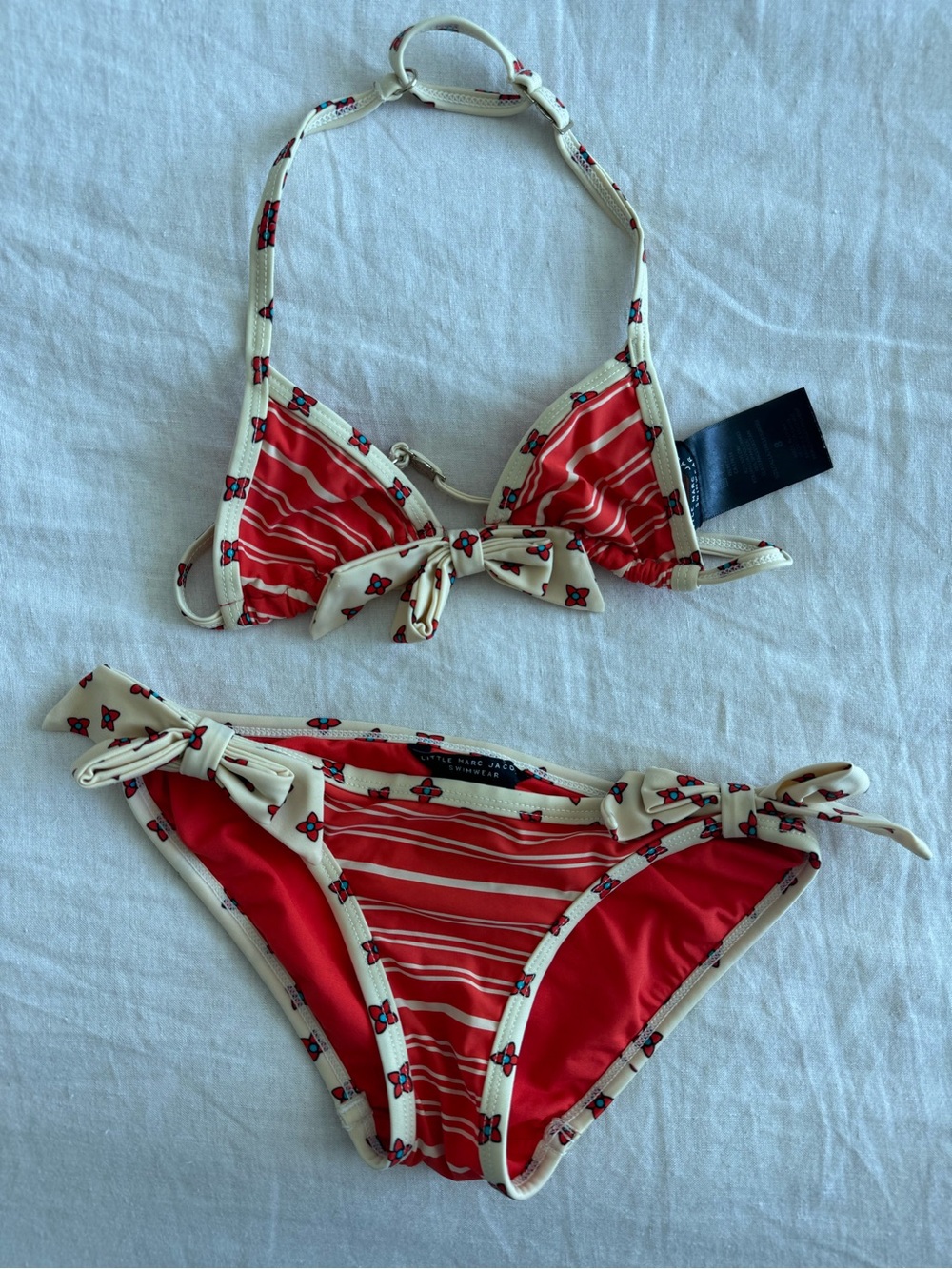 Little Marc Jacobs Red and Cream Striped Tie-Side Girls Bikini